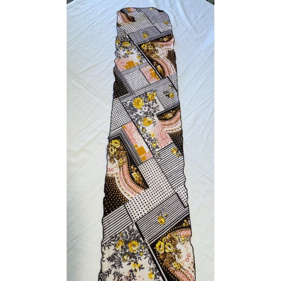 Vintage 60s Floral Scarf Geometric Scarf Black White Brown Retro Patchwork - Picture 7 of 7